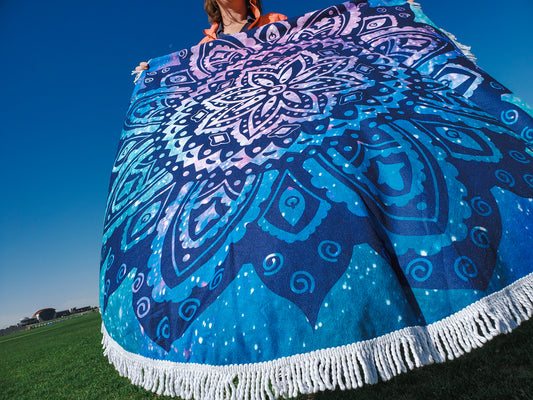 Blue Oversized Round Beautiful Microfiber Boho Beach Towel Blanket